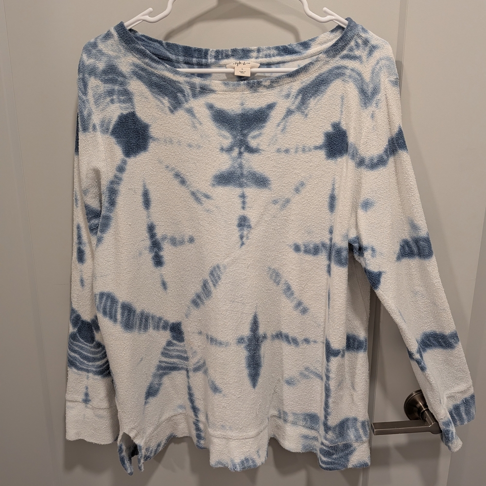 Style & Co. Blue and White Tie-Dye Terry Cloth Long Sleeve Shirt